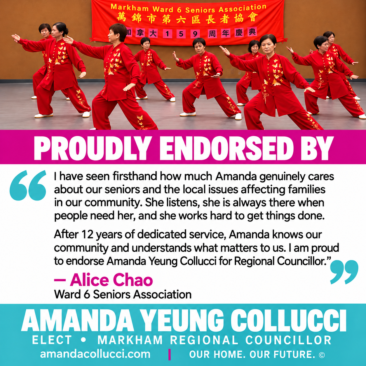 Alice Chao’s endorsement of Amanda Yeung Collucci for Markham Regional Councillor