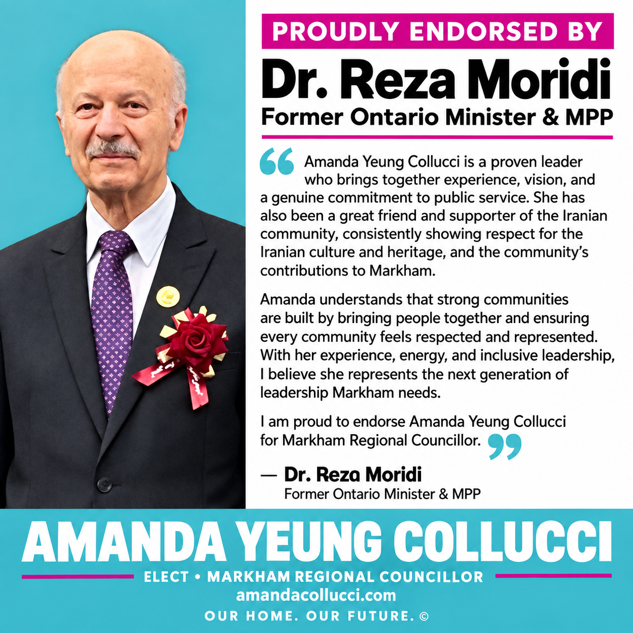 Dr. Reza Moridi’s endorsement of Amanda Yeung Collucci for Markham Regional Councillor