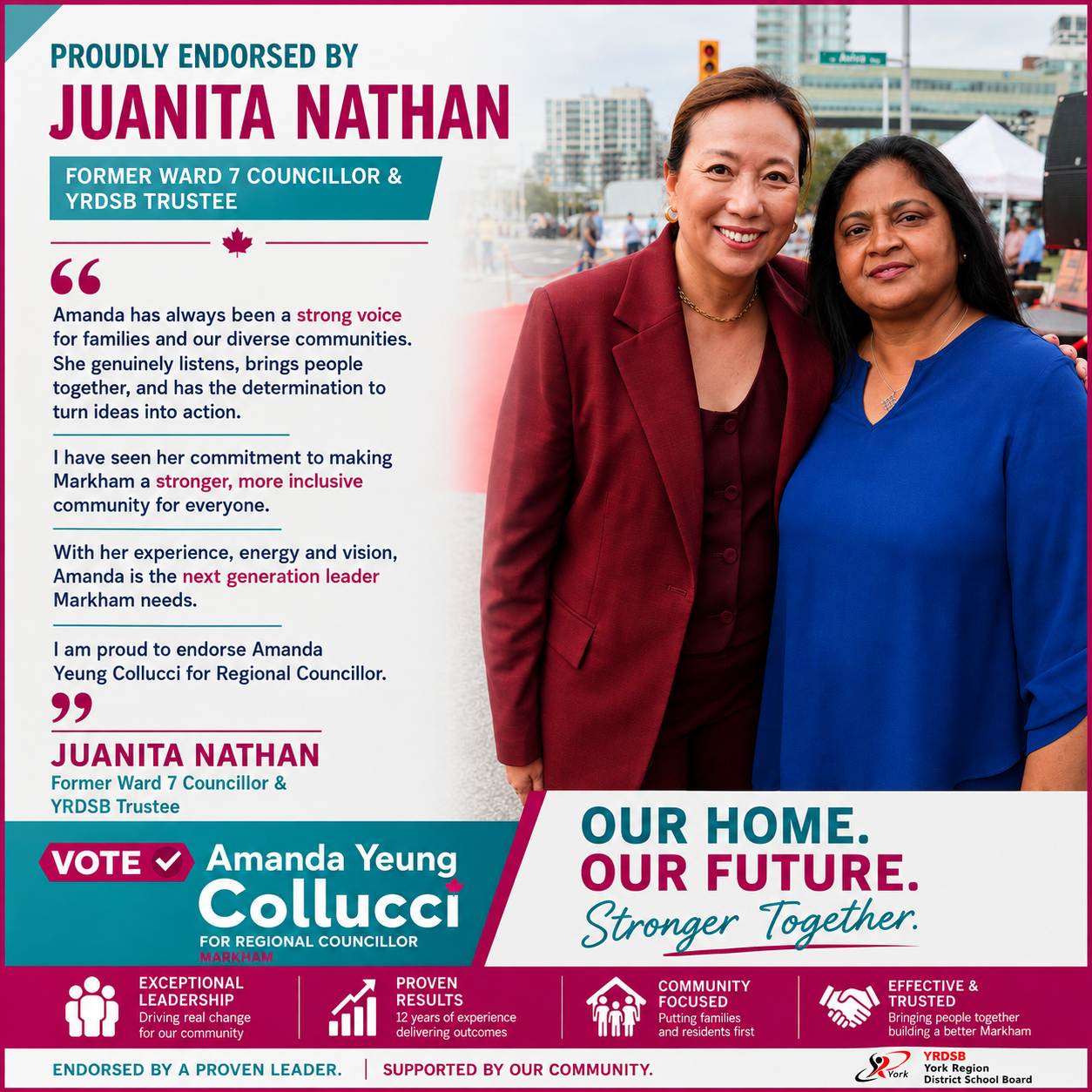 Juanita Nathan’s endorsement of Amanda Yeung Collucci for Markham Regional Councillor