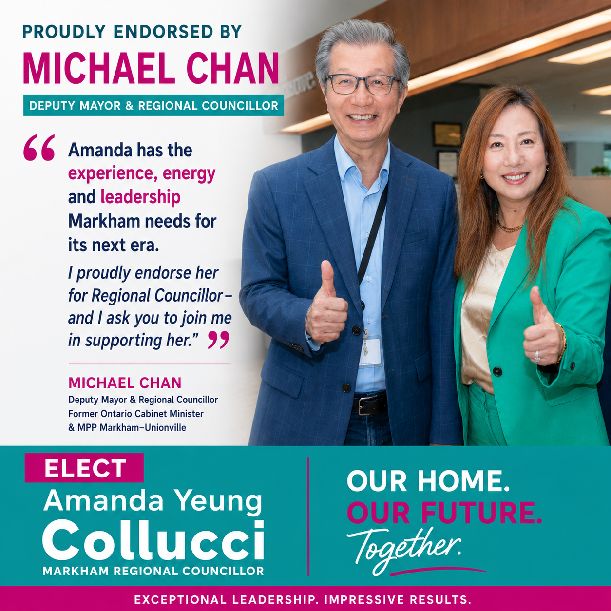 Michael Chan’s endorsement of Amanda Yeung Collucci for Markham Regional Councillor